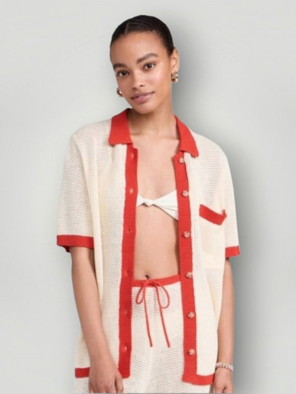 Onia Oversized Linen Knit Button Up Shirt M/L Cream Red New $195 Retail
